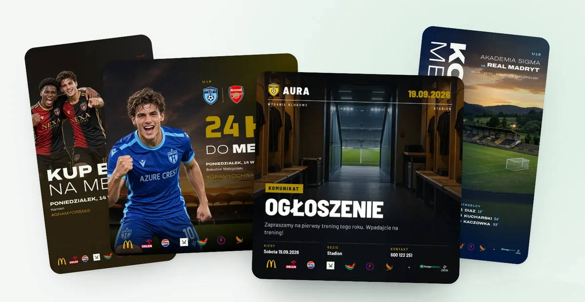 Cztery grafiki klubowe z DesignMyClub: zapowiedź meczu, odliczanie, ogłoszenie i skład
